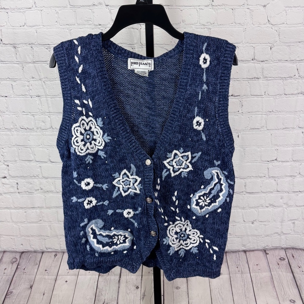 Lord Isaac’s Blue Embroidered Floral Sweater Vest Size Medium